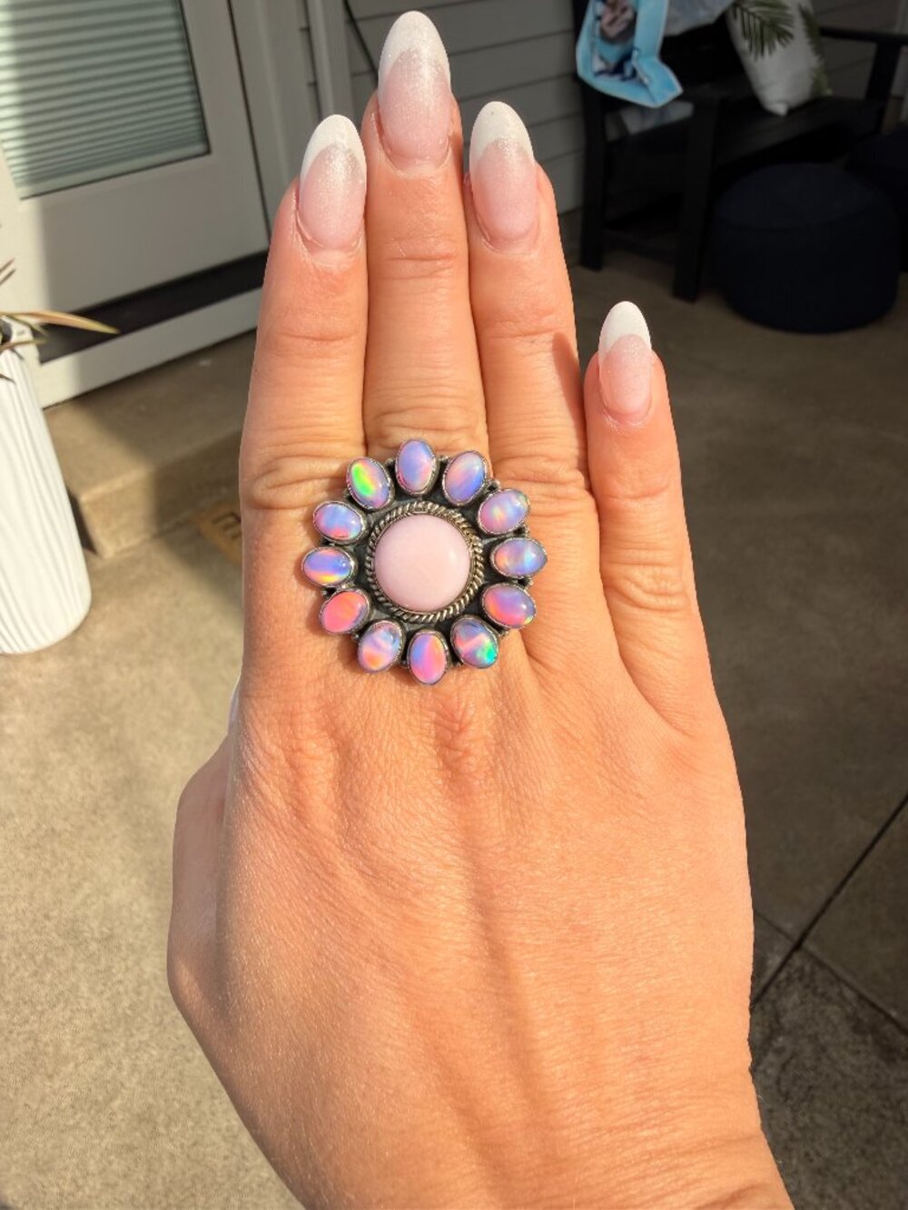 Sterling Silver Pink Conch and Opal Flower Ring